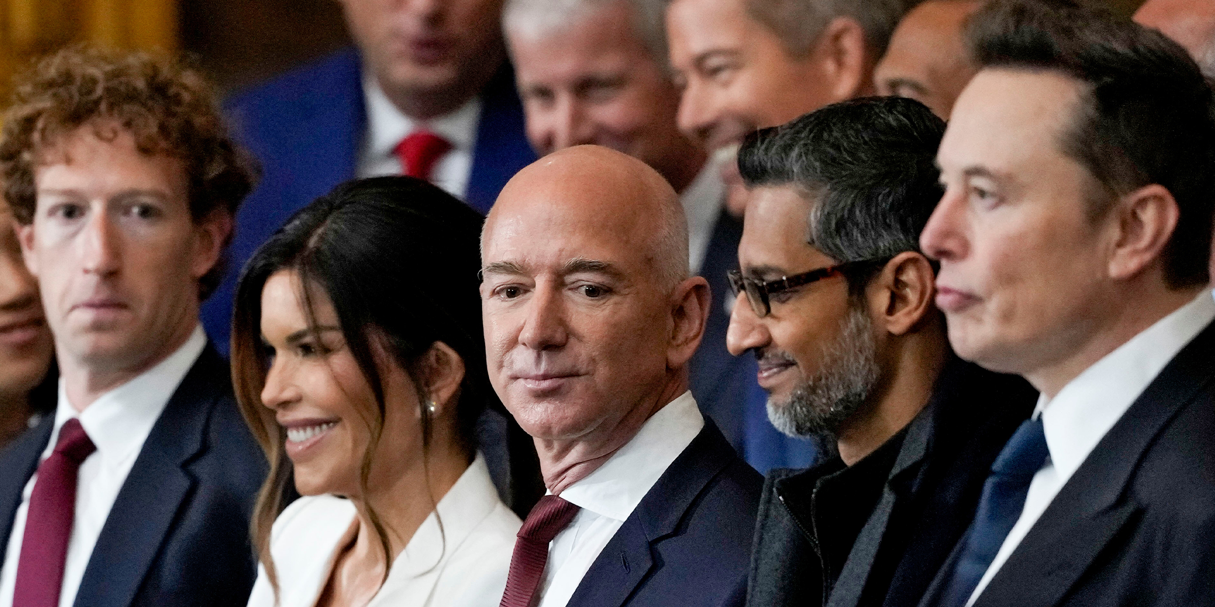 Mark Zuckerberg, Lauren Sanchez, Jeff Bezos, Sundar Pichai et Elon Musk | Source : Getty Images