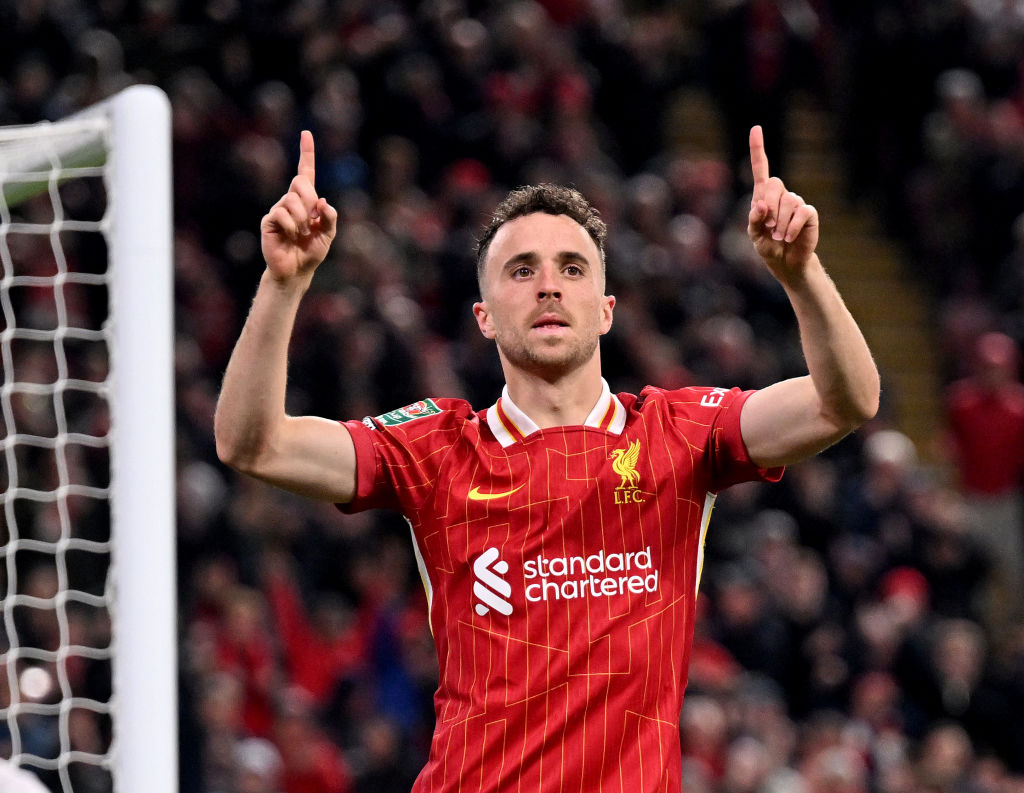 Diogo Jota célébrant son but contre West Ham United à Anfield le 25 septembre 2024 à Liverpool, Angleterre. | Source : Getty Images