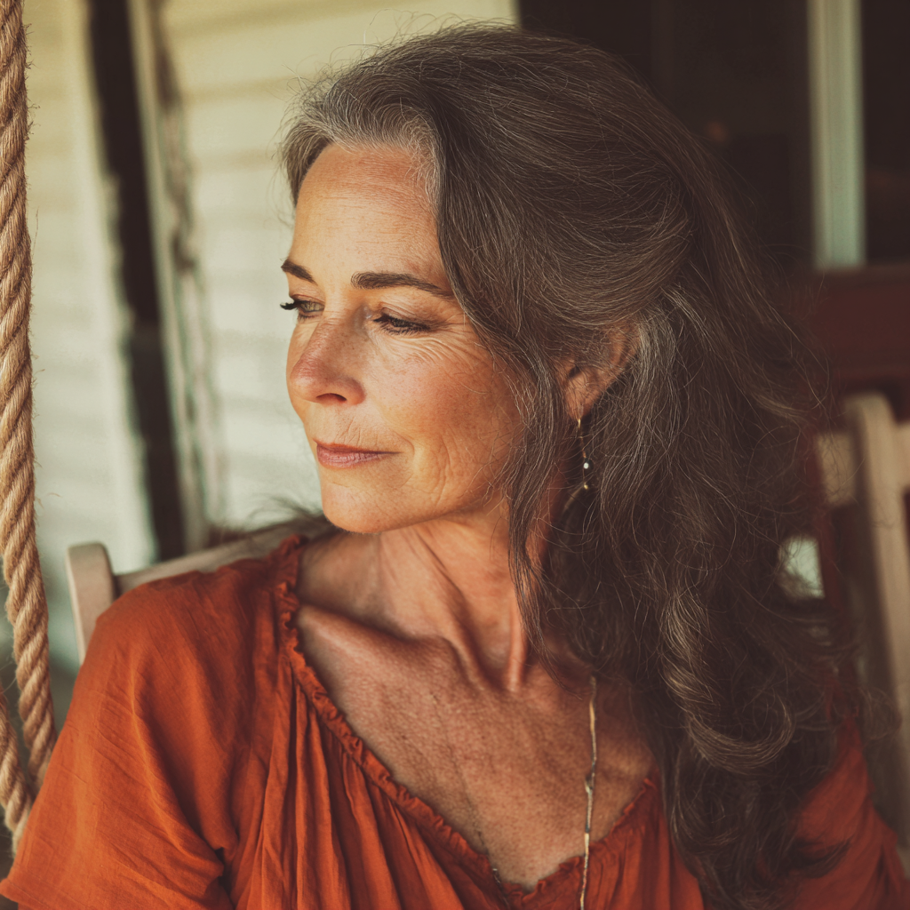 Une femme assise sur une balançoire de porche | Source : Midjourney