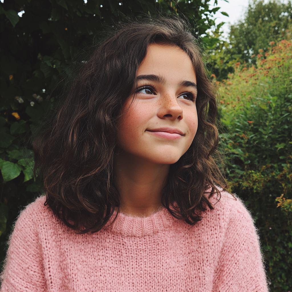 Une fille souriante portant un pull rose | Source : Midjourney