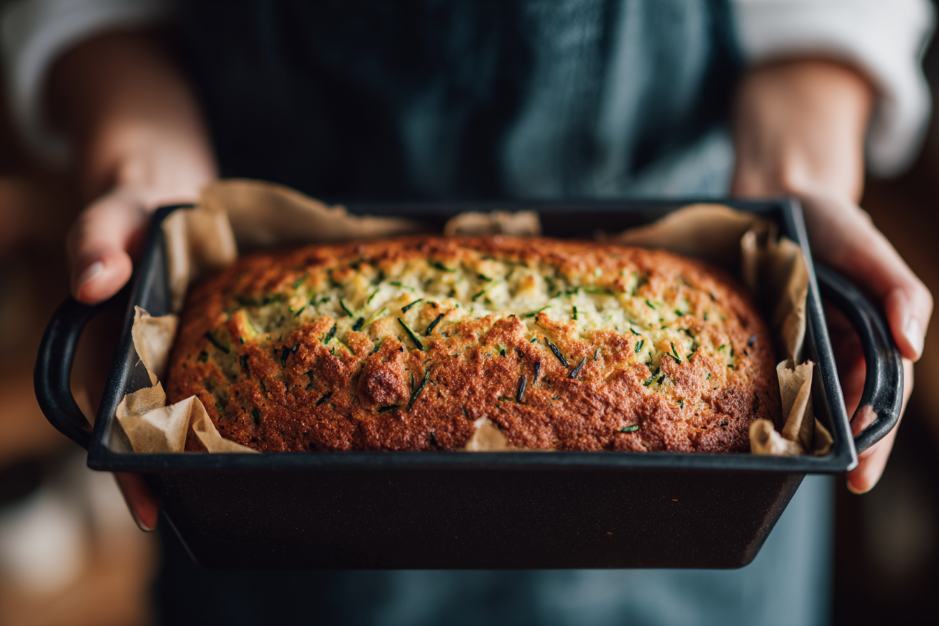 Gros plan d'une femme tenant un plateau de pain aux courgettes | Source : Midjourney
