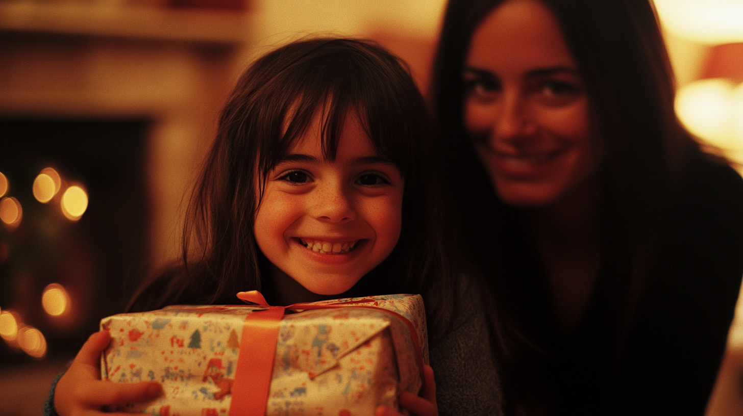 Une jeune fille heureuse tenant une boîte de cadeaux dans ses mains | Source : Midjourney