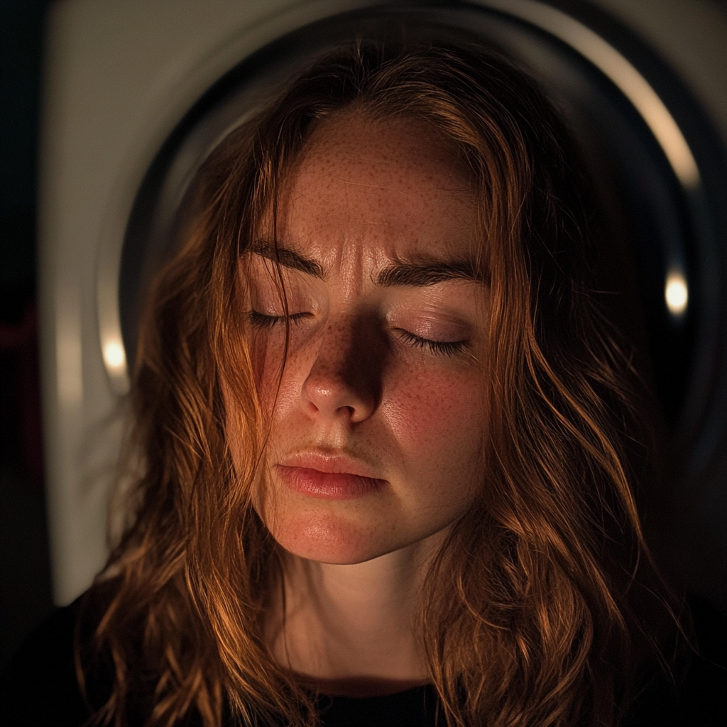 Une femme bouleversée assise dans une buanderie | Source : Midjourney