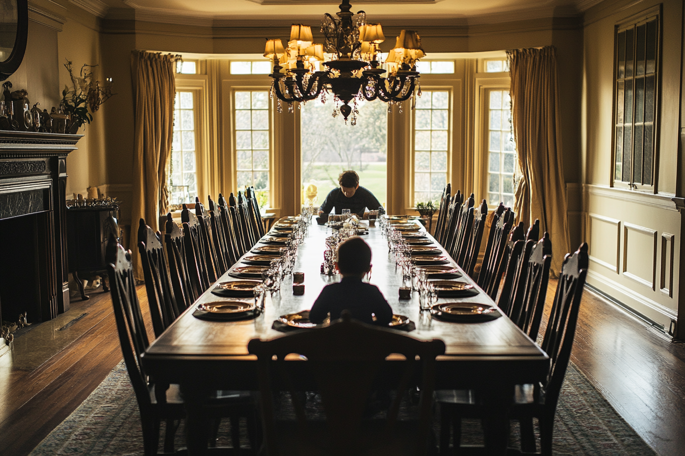 Un père et son fils assis à une grande table à manger | Source : Midjourney