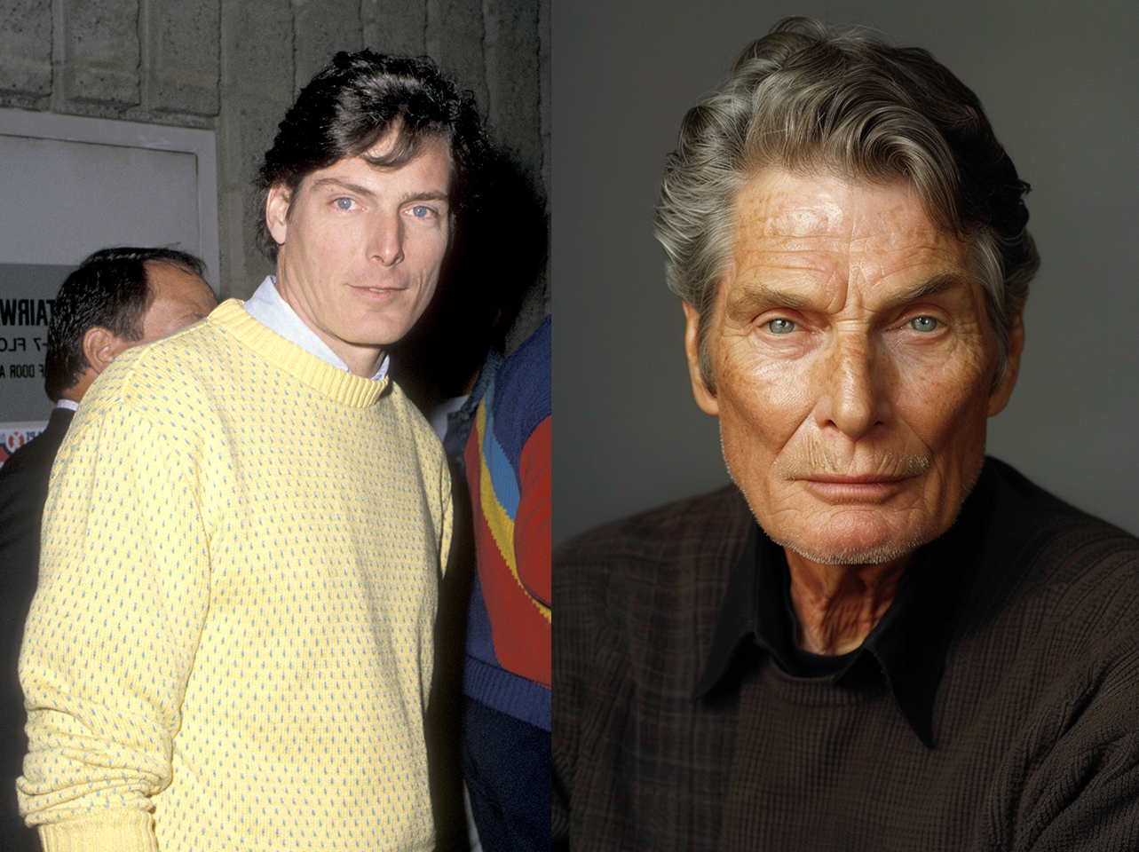 Christopher Reeve lors de la première de «Touche pas à ma fille » en 1989 | Image AI de Christopher Reeve âgé | Source : Getty Images | Midjourney