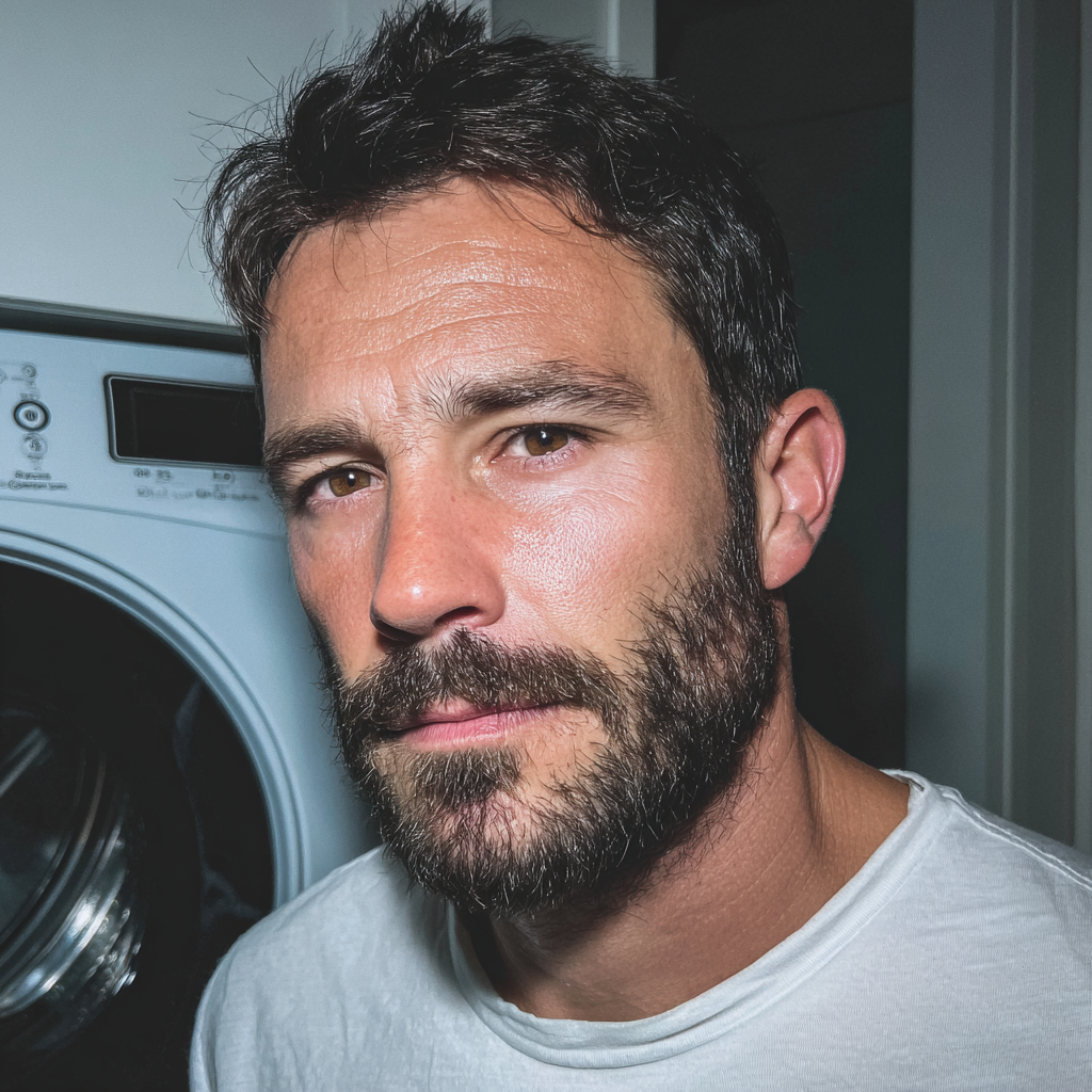Un homme fatigué se tenant à côté d'une machine à laver | Source : Midjourney