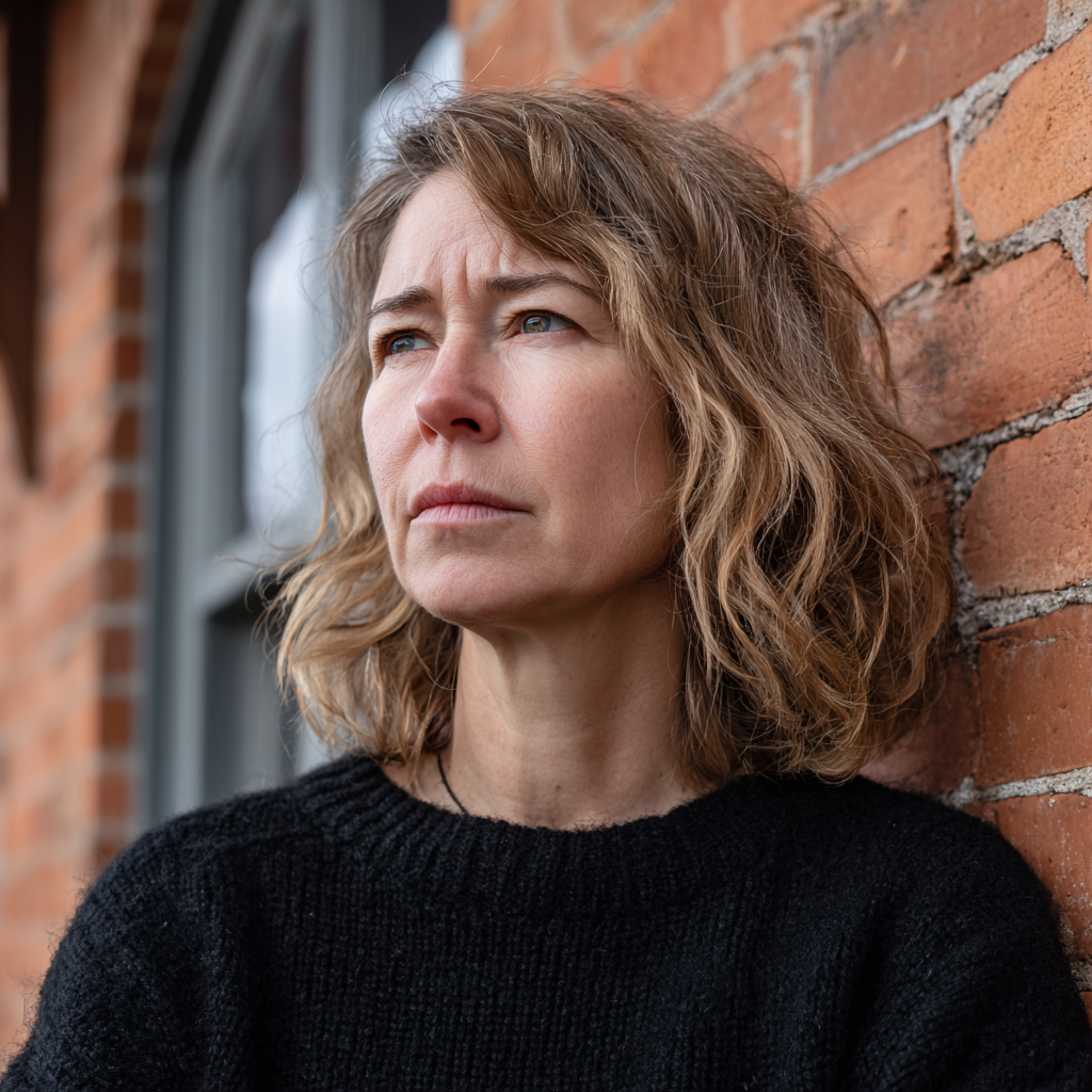 Une femme inquiète adossée à un mur | Source : Midjourney