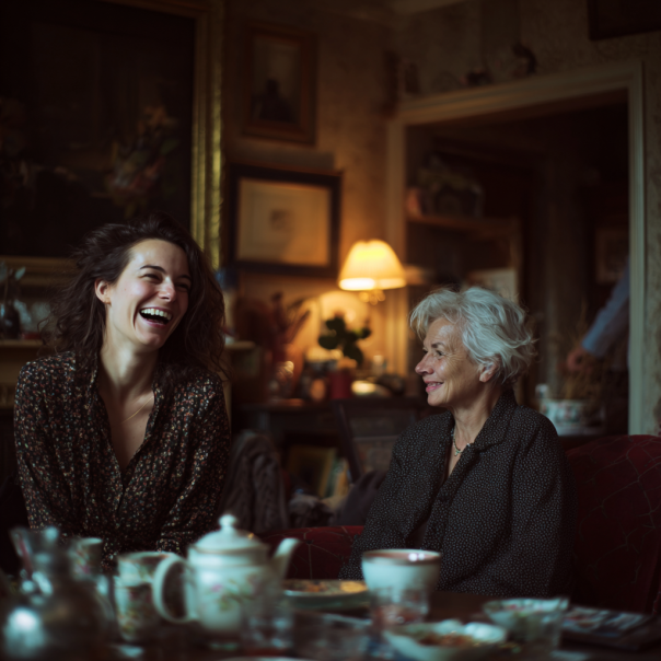 Une femme qui rit en parlant à une autre femme | Source : Midjourney