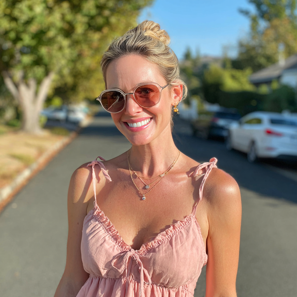 Une femme souriante portant des lunettes de soleil | Source : Midjourney