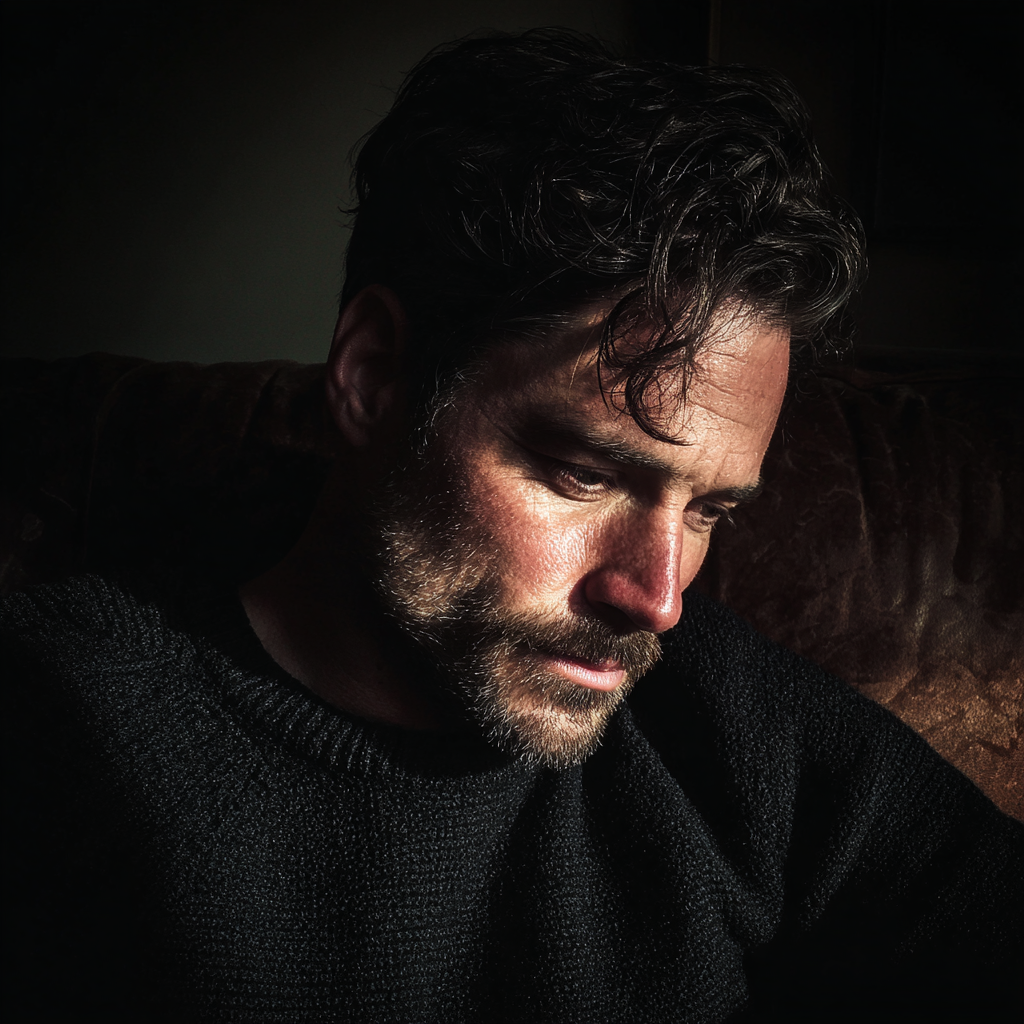 Un homme bouleversé assis sur un canapé | Source : Midjourney