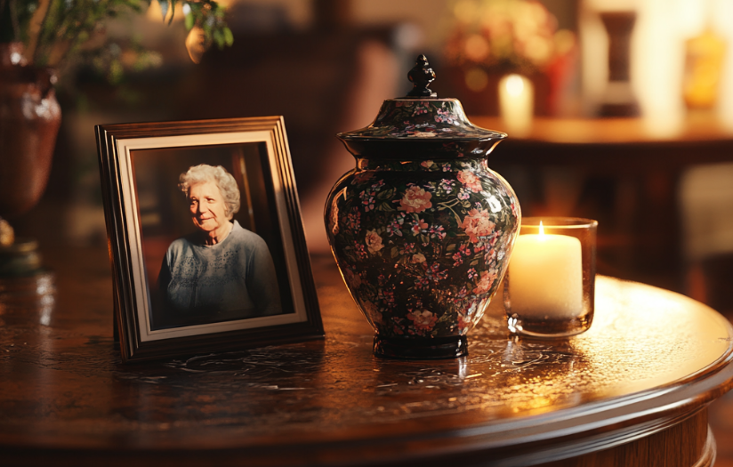 La photo encadrée d'une dame âgée et une urne sur la table | Source : Midjourney