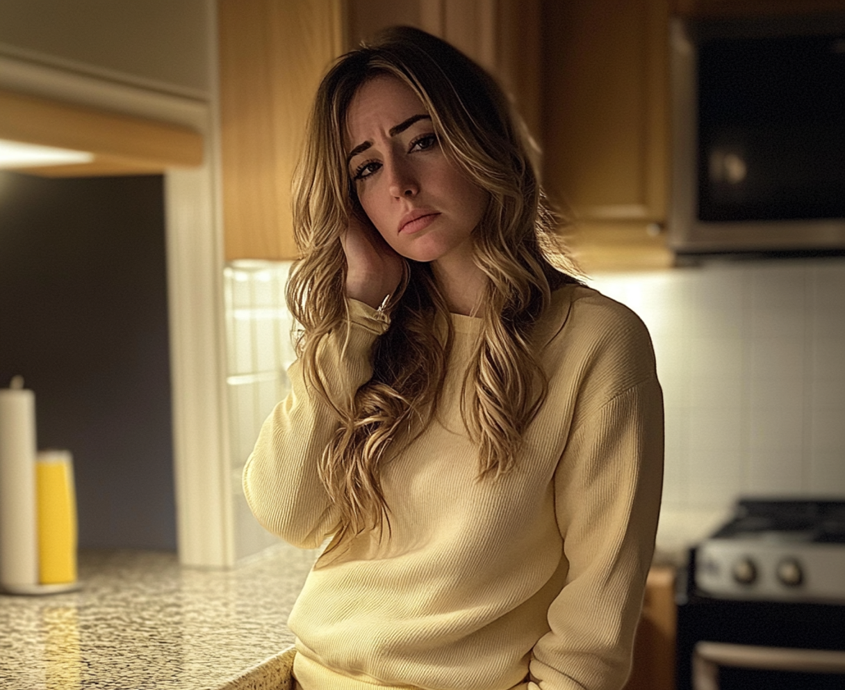 Une femme bouleversée portant un pull jaune | Source : Midjourney