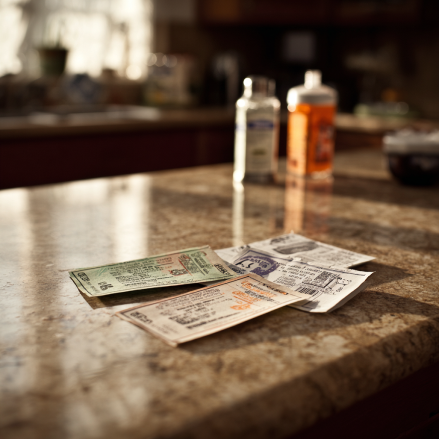 Des coupons sur un comptoir de cuisine | Source : Midjourney