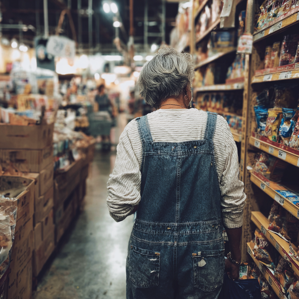 Une femme âgée marchant dans une allée d'un supermarché | Source : Midjourney