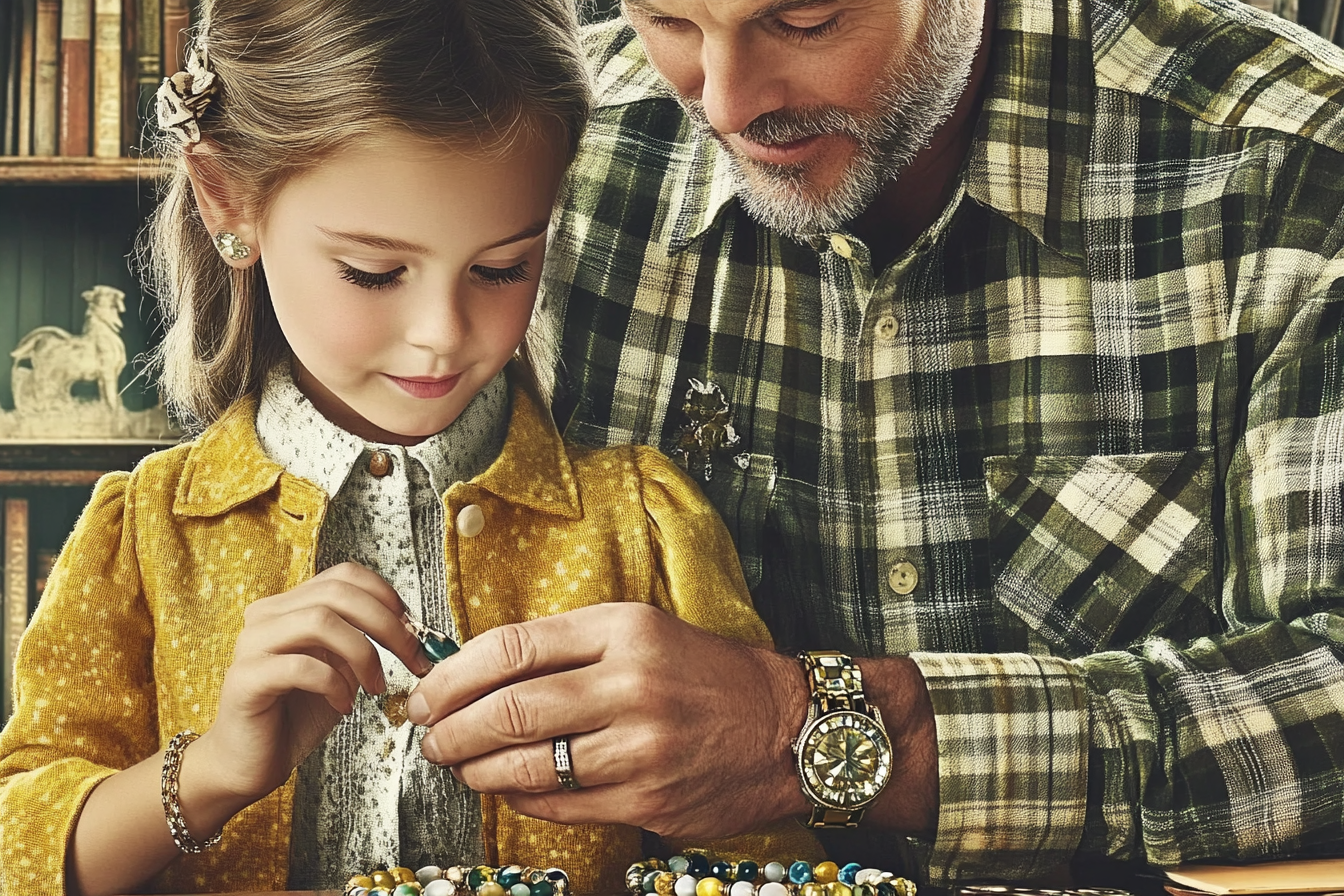 Une petite fille fabriquant des bracelets avec son père | Source : Midjourney