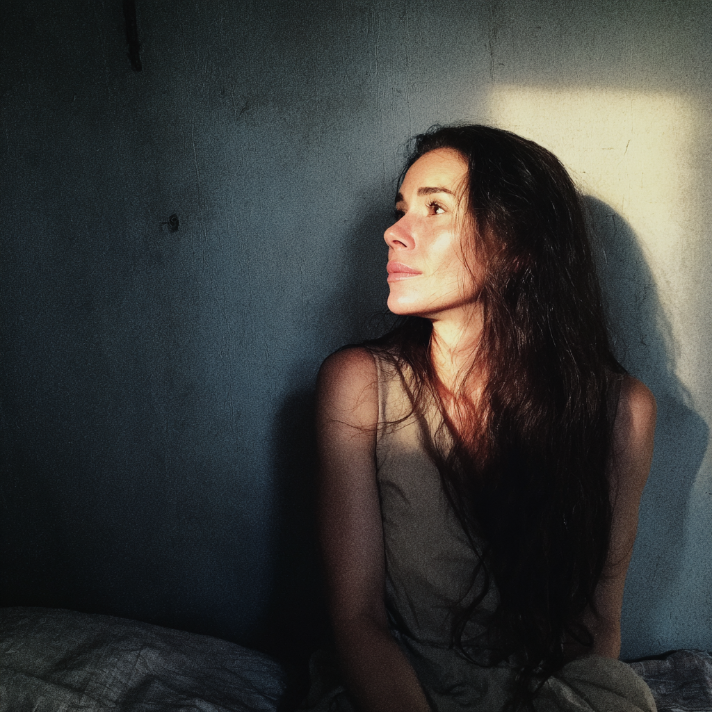 Une femme émotive assise sur un lit | Source : Midjourney