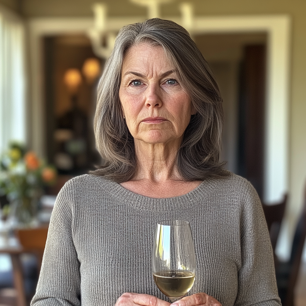 Une femme bouleversée tenant un verre de vin | Source : Midjourney
