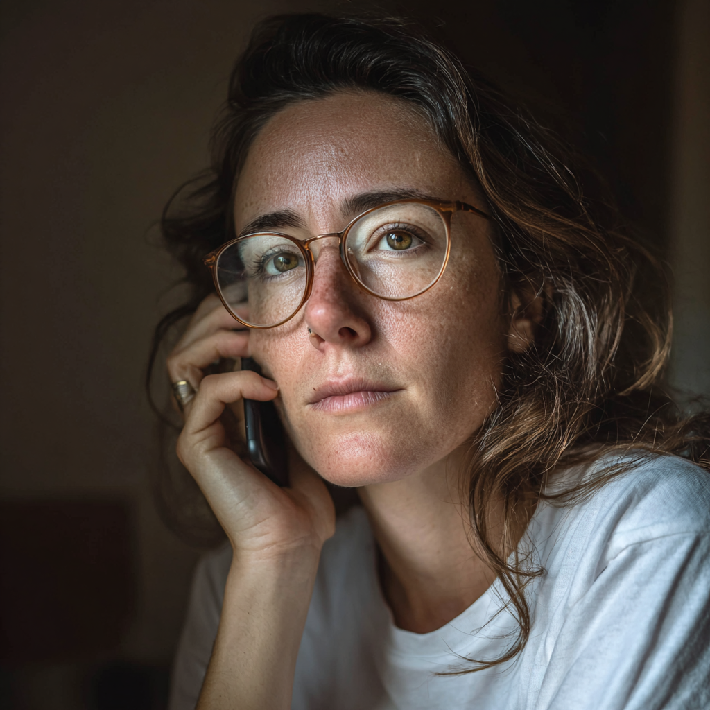 Une femme pensive qui parle au téléphone | Source : Midjourney