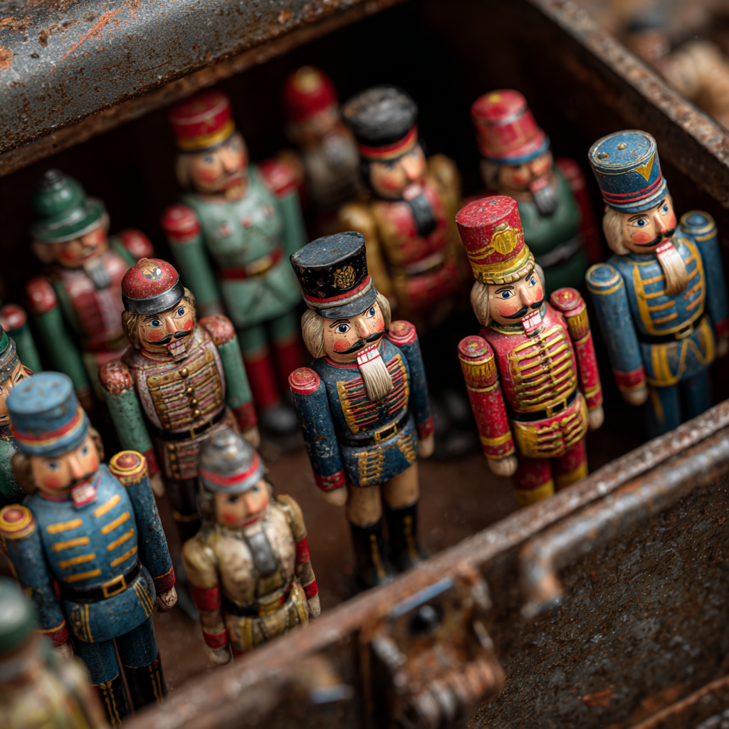 Soldats de plomb colorés dans une boîte rouillée | Source : Midjourney