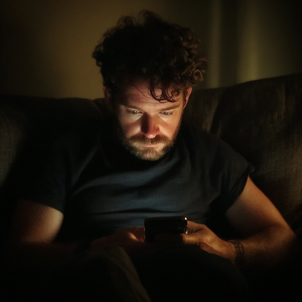 Un homme assis sur un canapé et utilisant son téléphone | Source : Midjourney