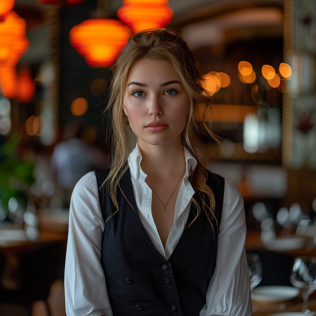 Une hôtesse de restaurant a l'air honteuse et en colère | Source : Midjourney
