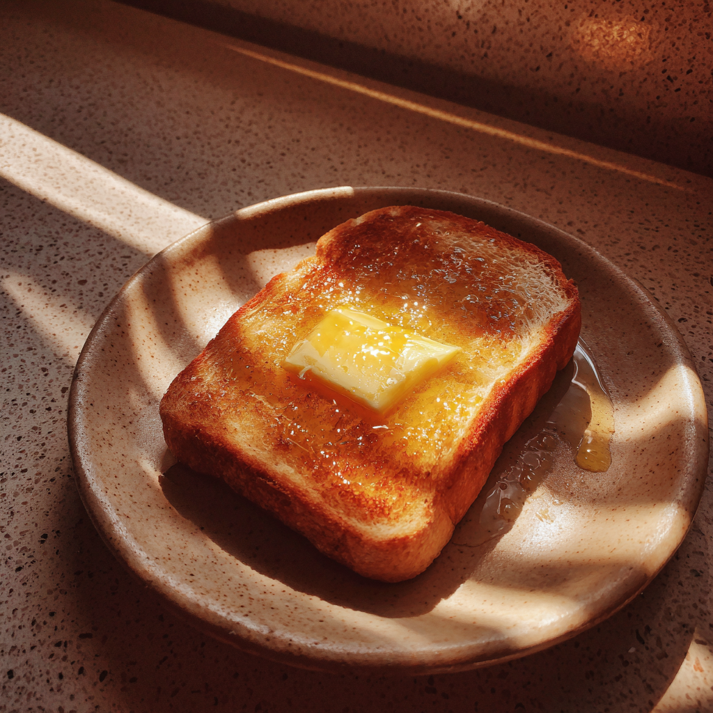 Une tranche de pain grillé beurré sur un comptoir | Source : Midjourney
