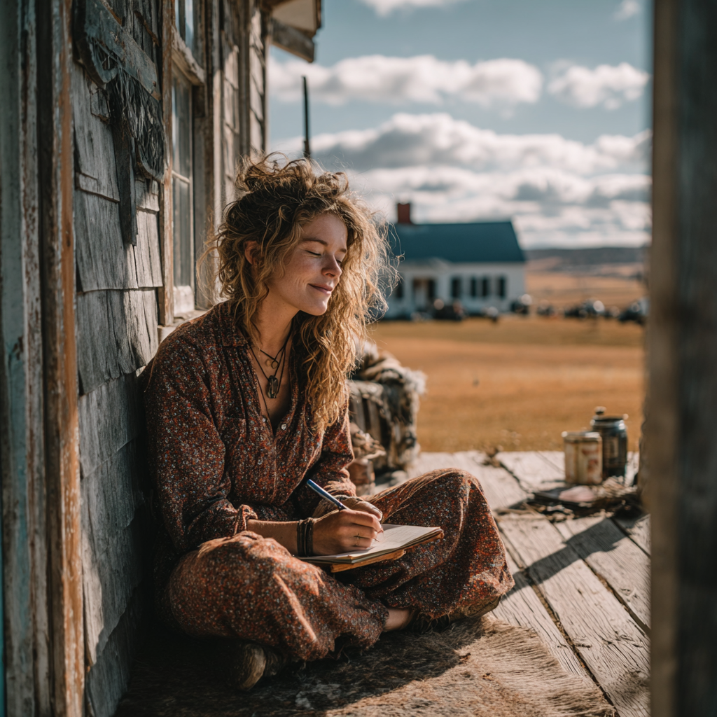 Une femme heureuse assise et écrivant | Source : Midjourney