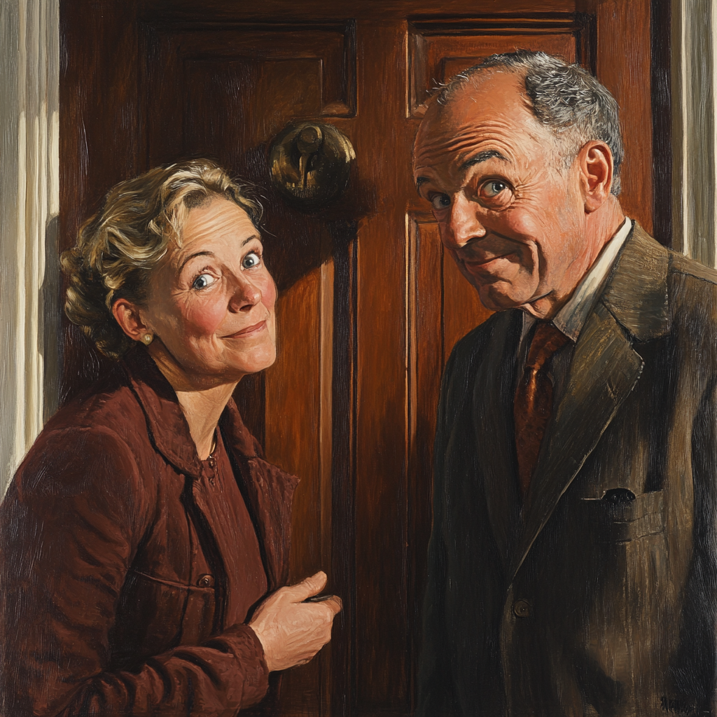 Un homme et une femme souriant fièrement devant une porte fermée | Source : Midjourney