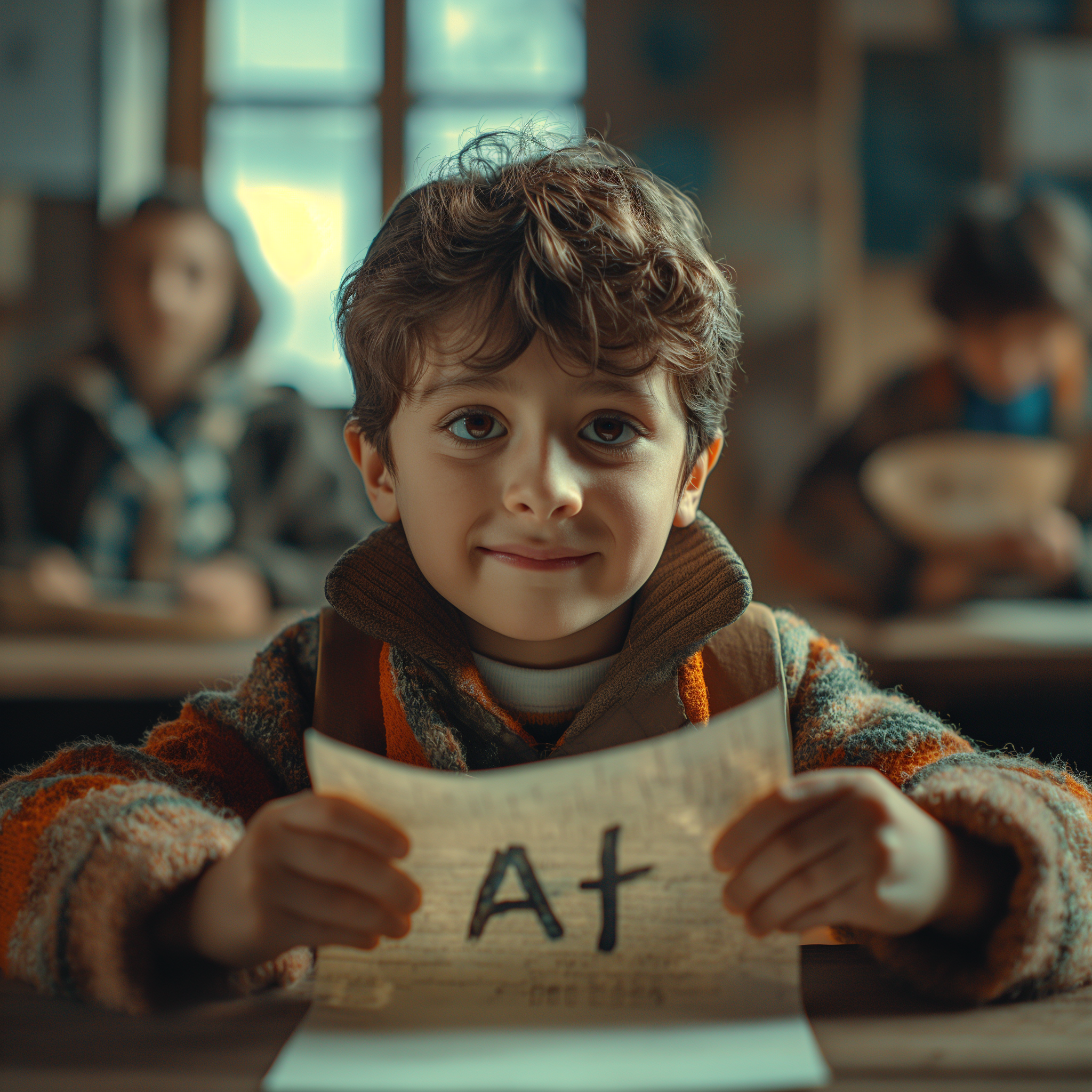 Un enfant tenant une feuille de papier avec un A+ | Source : Midjourney