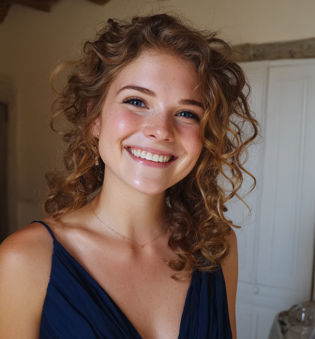 Une femme souriante en robe marine | Source : Midjourney