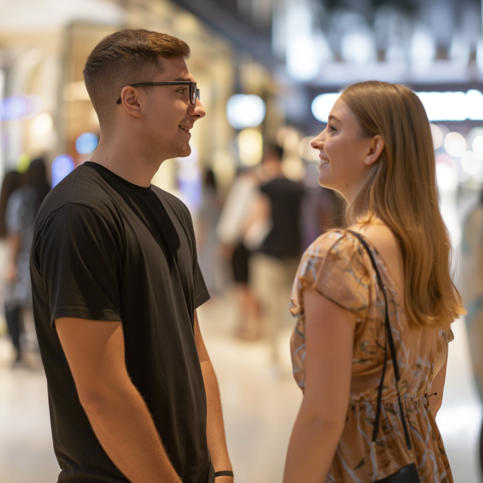 Un serveur de restaurant discute avec une femme dans un centre commercial | Source : Midjourney