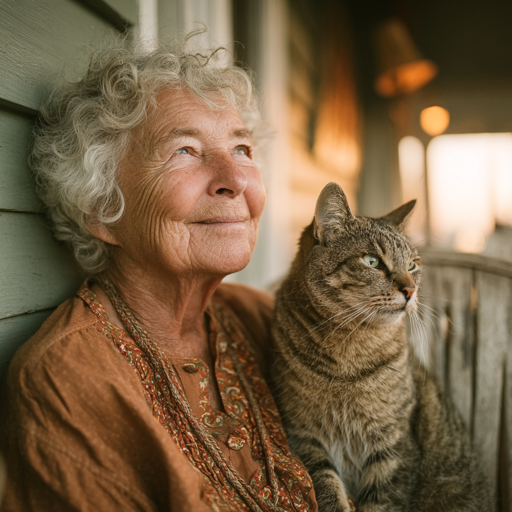 Une femme heureuse assise avec son chat | Source : Midjourney