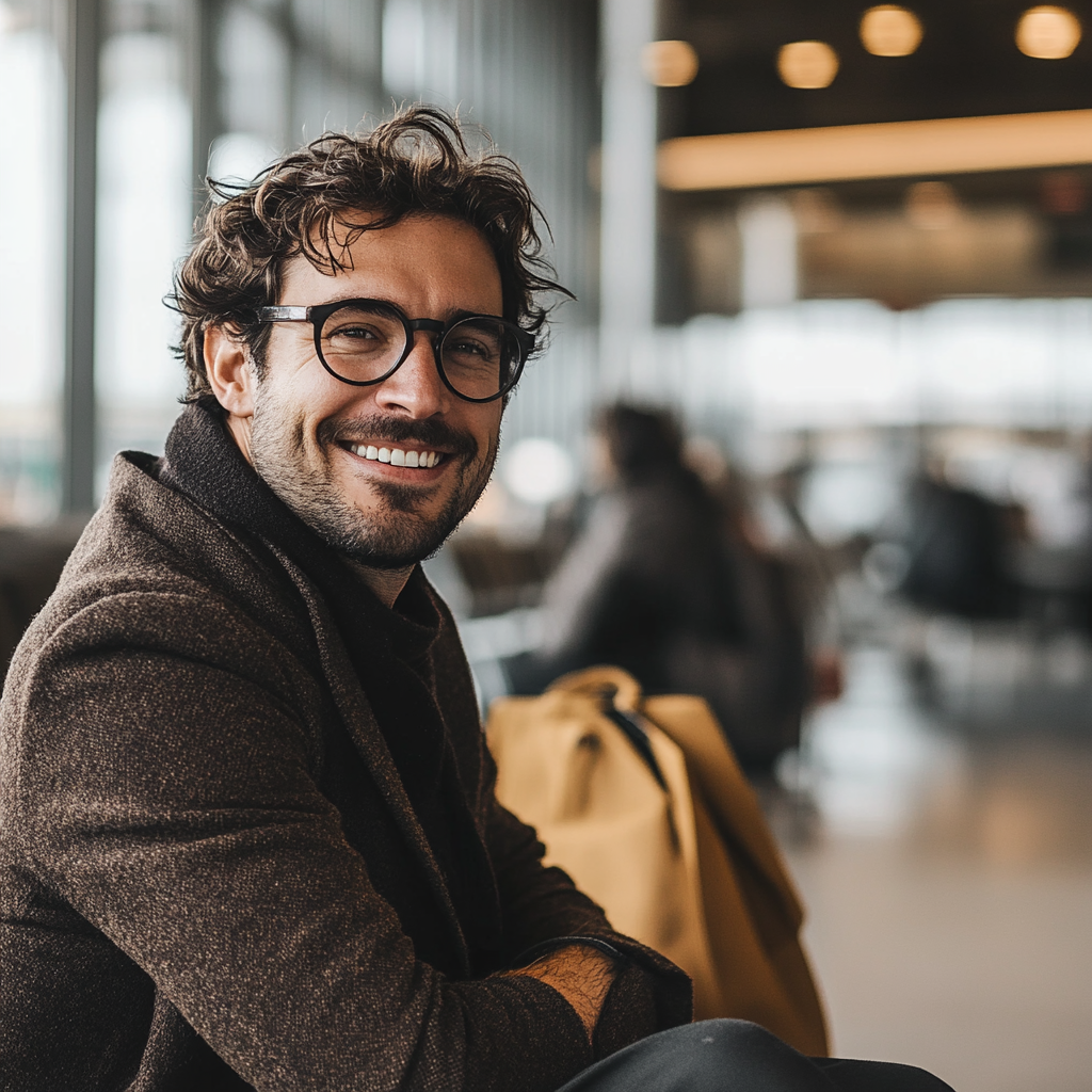 Un homme souriant regardant l'appareil photo dans un aéroport | Source : Midjourney