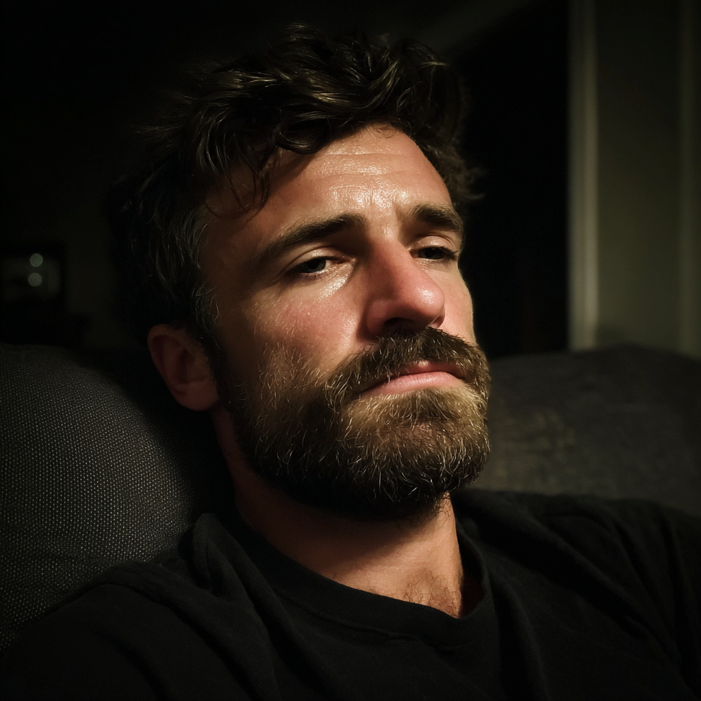 Un homme bouleversé assis sur un canapé | Source : Midjourney