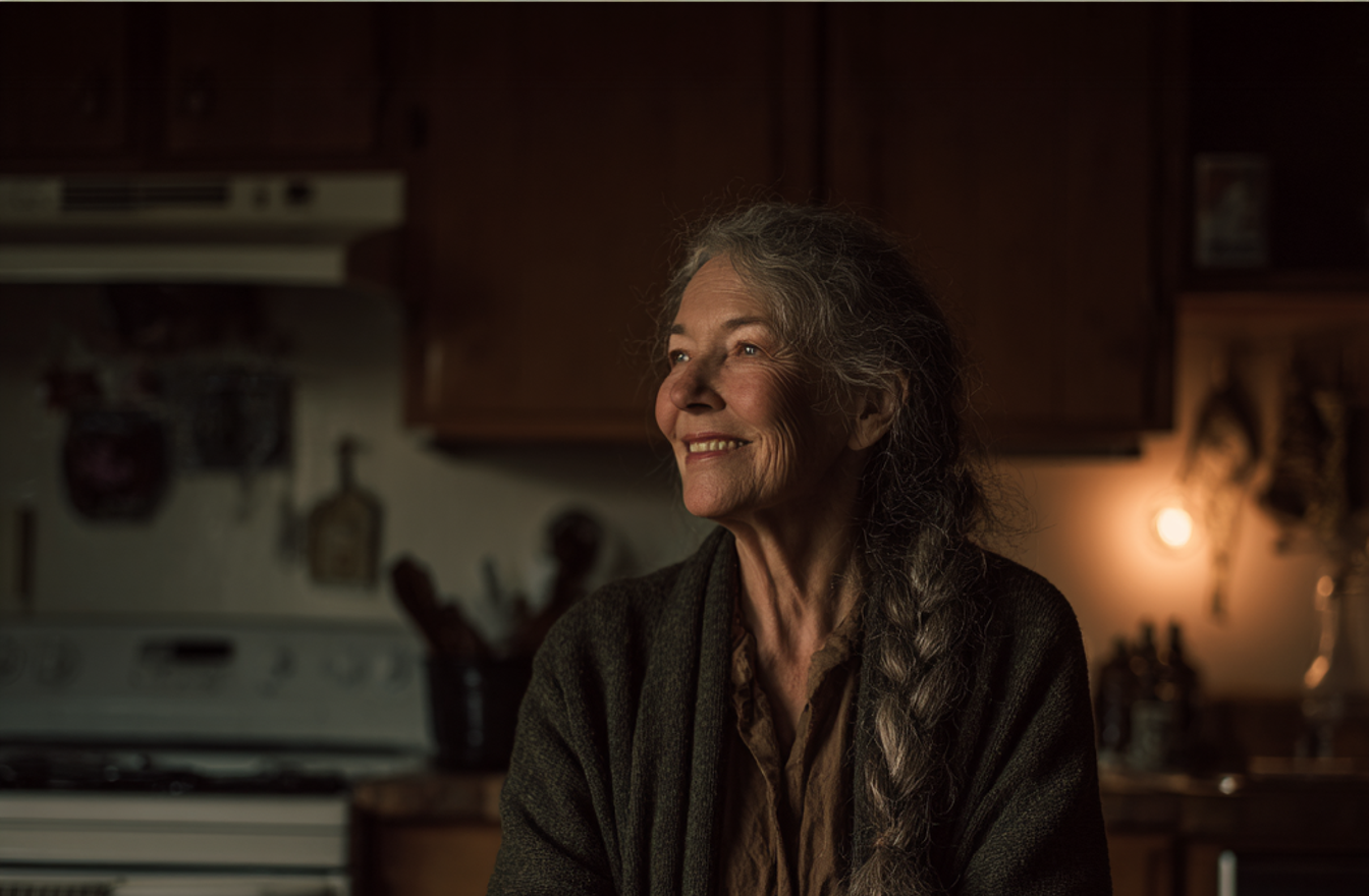 Une femme âgée souriante assise à une table | Source : Midjourney