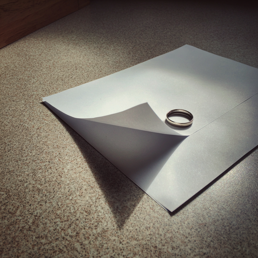 Un morceau de papier plié et une alliance sur un comptoir | Source : Midjourney