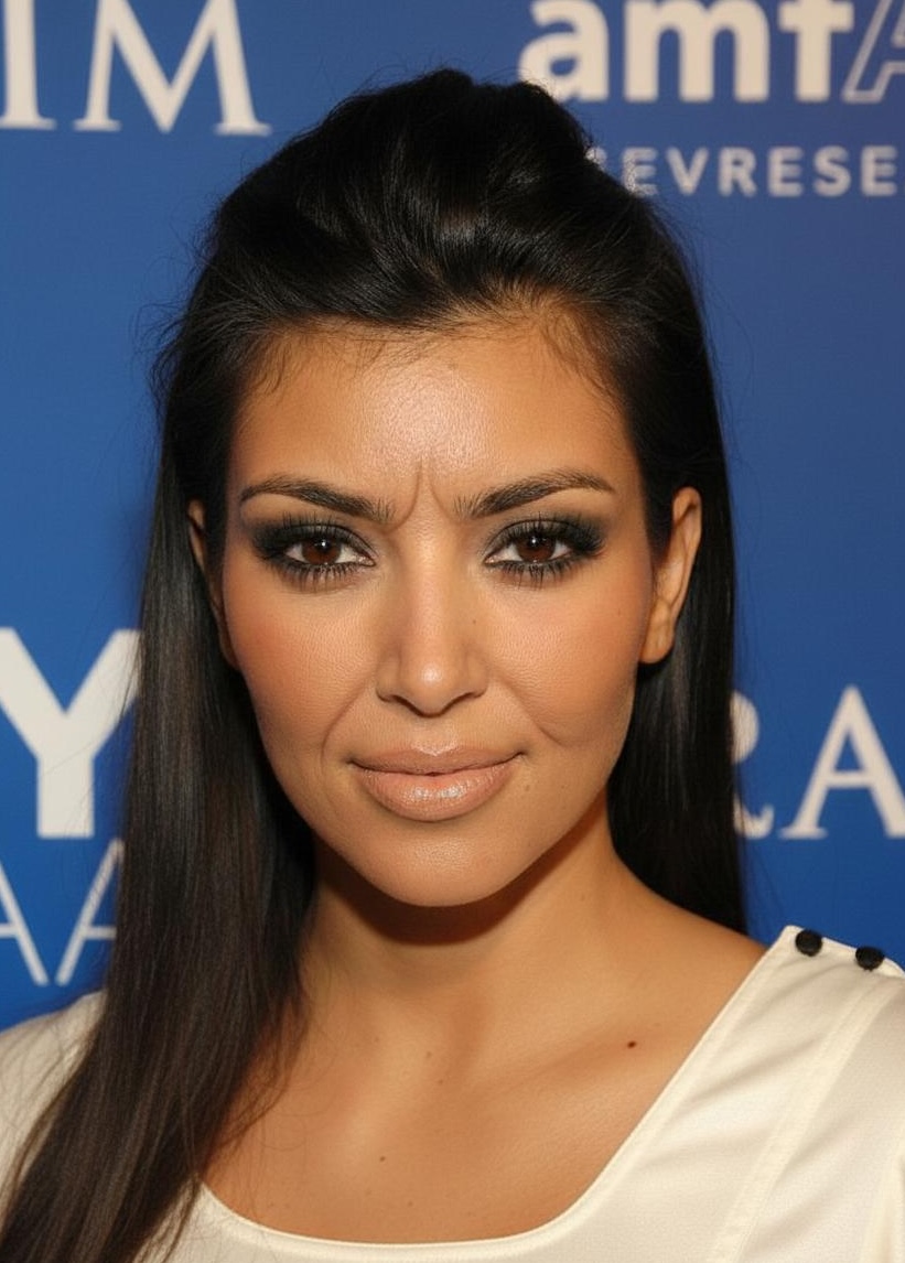 Ce qu'aurait pu être l'apparence de Kim Kardashian sans la rhinoplastie présumée et autres interventions esthétiques, selon une simulation réalisée à l'aide de l'IA. Son visage serait toujours aussi beau, mais plus proche de ses origines arméniennes. | Source : Gemini