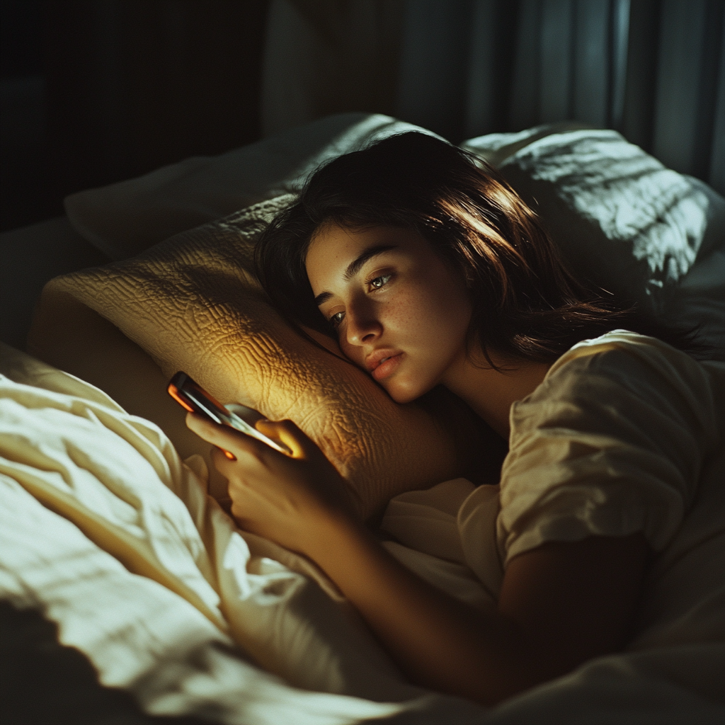 Une femme qui utilise son téléphone alors qu'elle est au lit | Source : Midjourney