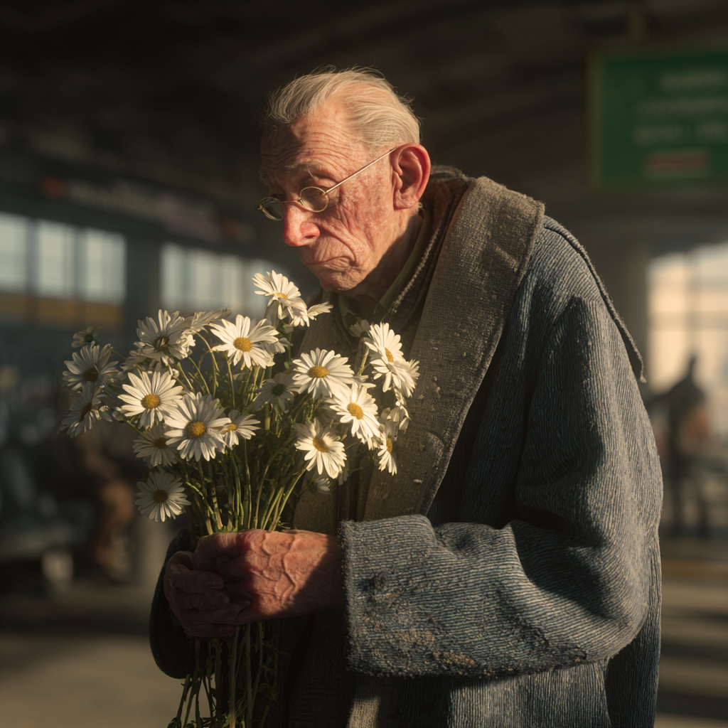 Un homme âgé triste tenant un bouquet de marguerites | Source : Midjourney