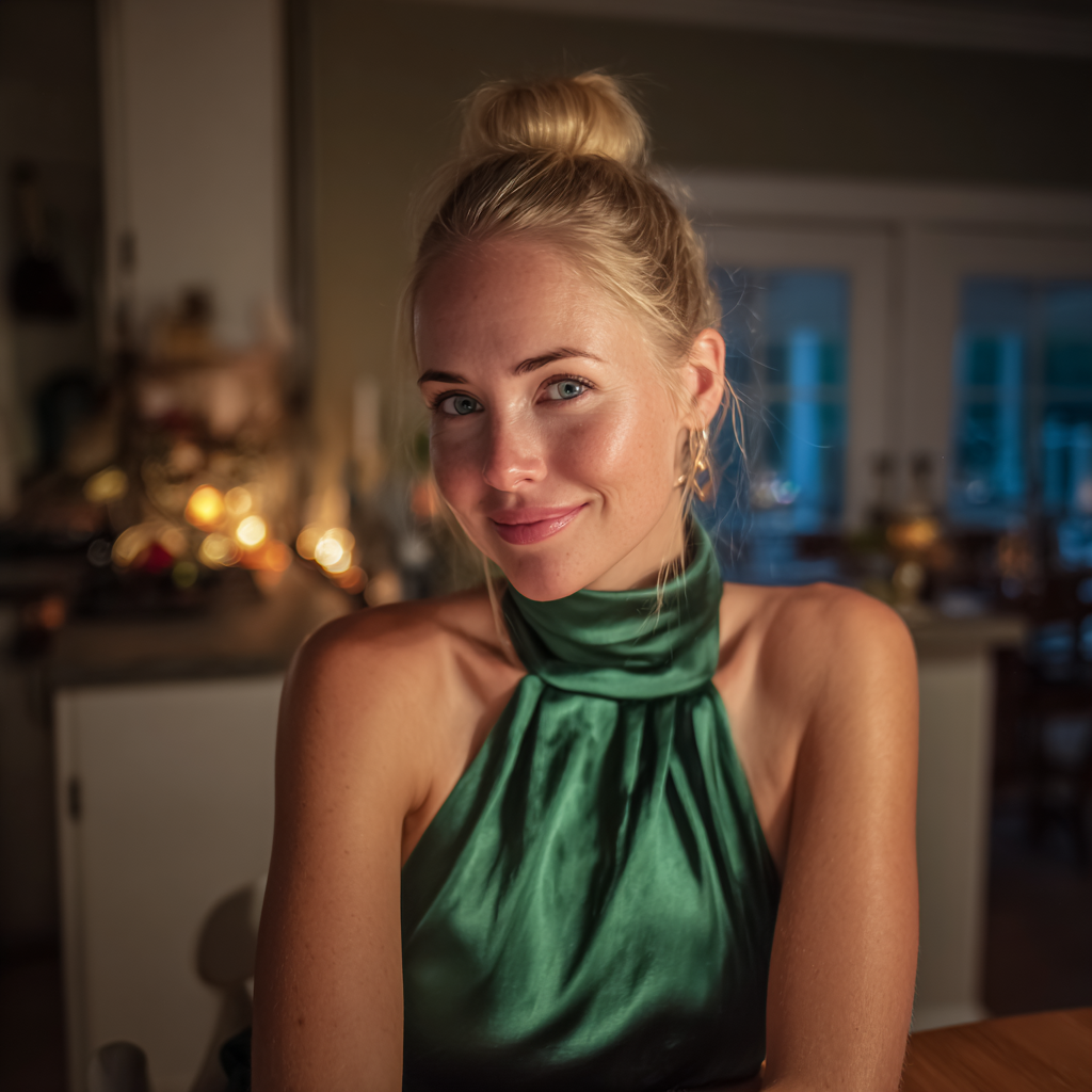 Une femme souriante assise à une table | Source : Midjourney