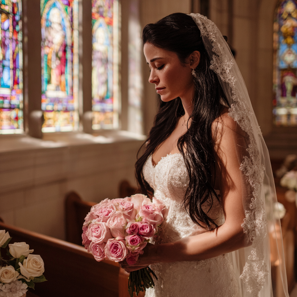 Une mariée bouleversée se tient debout les yeux fermés | Source : Midjourney
