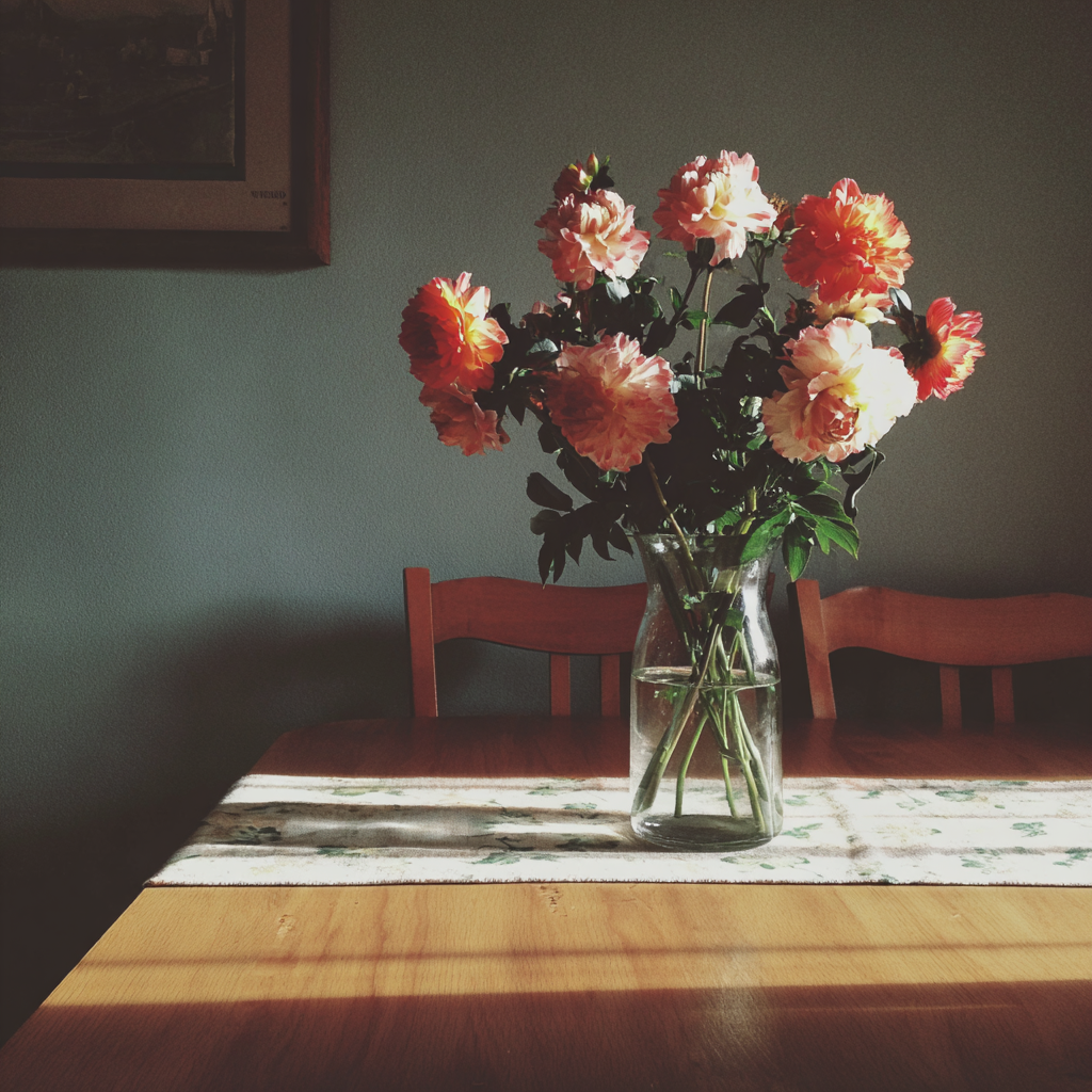 Un vase de fleurs sur une table | Source : Midjourney