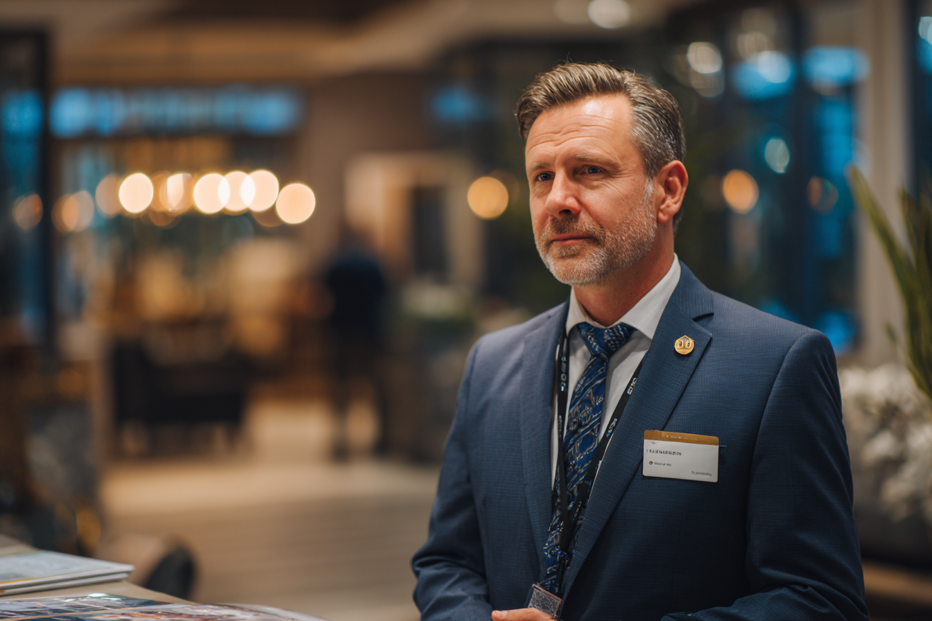 Un manager debout dans le hall d'un hôtel | Source : Midjourney
