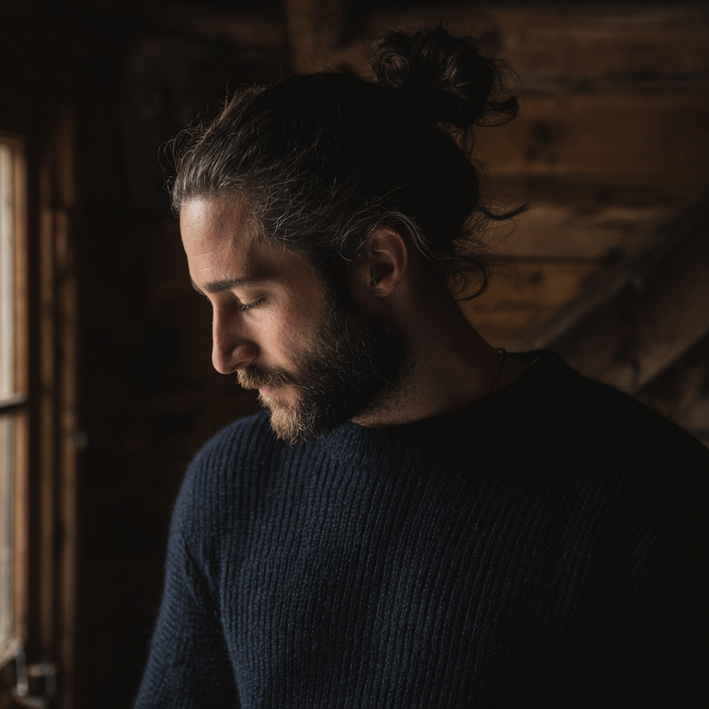 Un homme portant un pull bleu marine et se tenant dans une cabine | Source : Midjourney