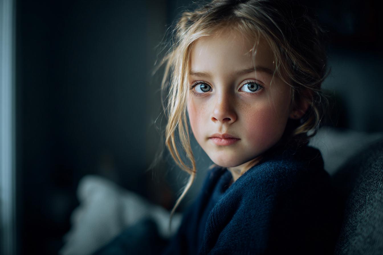 Une petite fille assise sur un canapé | Source : Midjourney