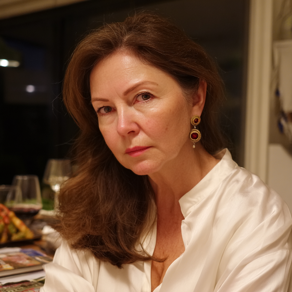 Une femme peu impressionnée assise à une table à manger | Source : Midjourney