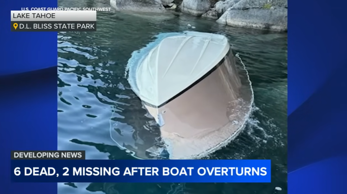 Le bateau renversé vu près du rivage rocheux du D.L. Bliss State Park sur le lac Tahoe, tel qu'affiché le 21 juin 2025 | Source : YouTube/abc7news