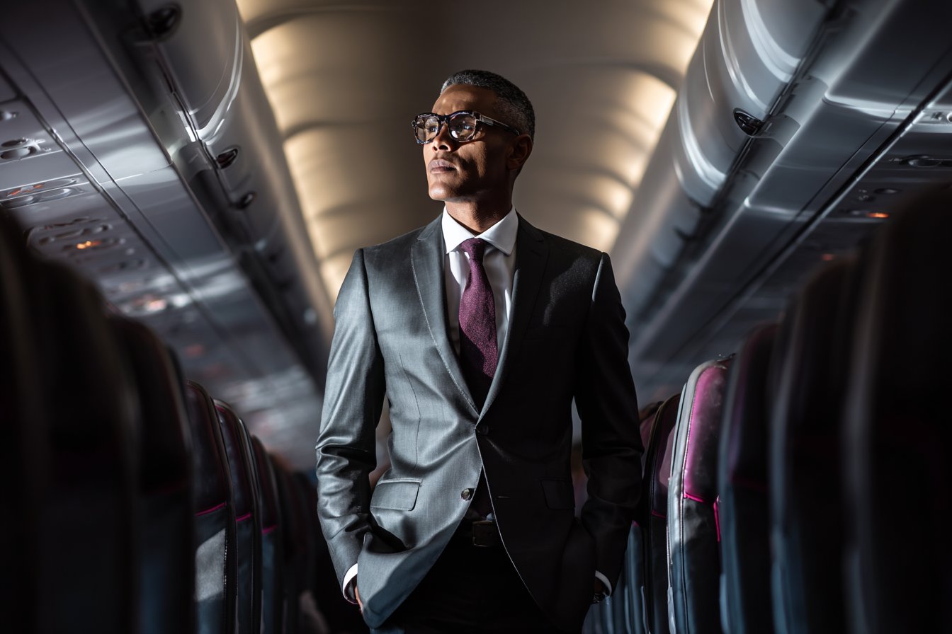 Un homme debout dans un avion | Source : Midjourney
