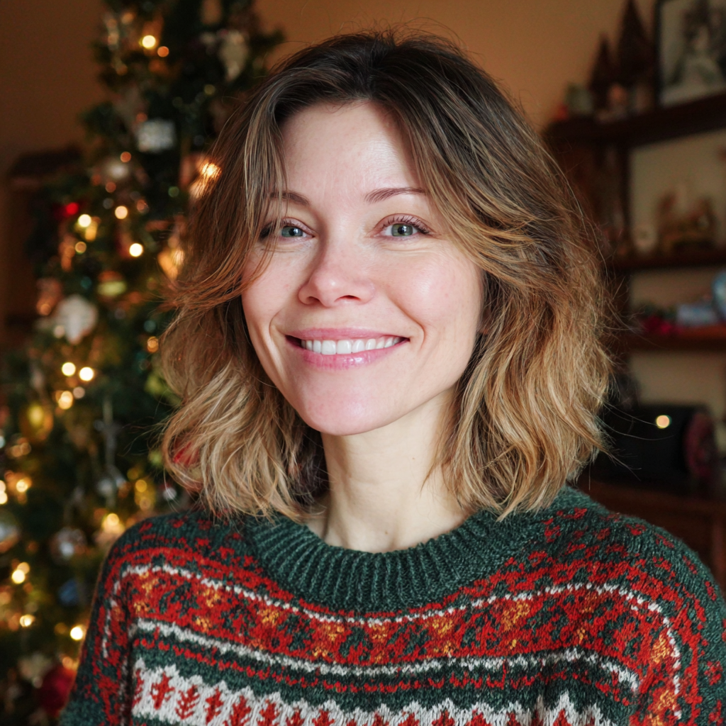 Une femme souriante portant un pull de Noël | Source : Midjourney