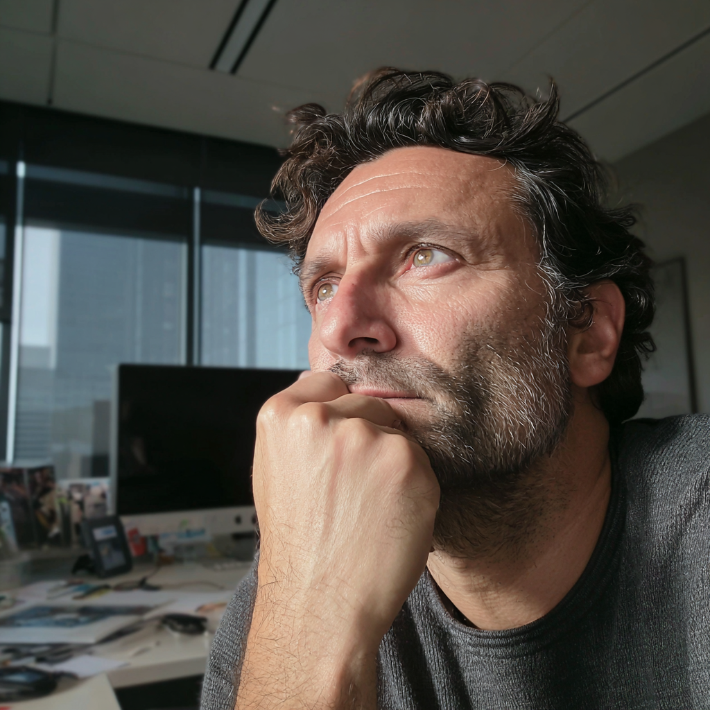 Un homme pensif assis dans un bureau | Source : Midjourney
